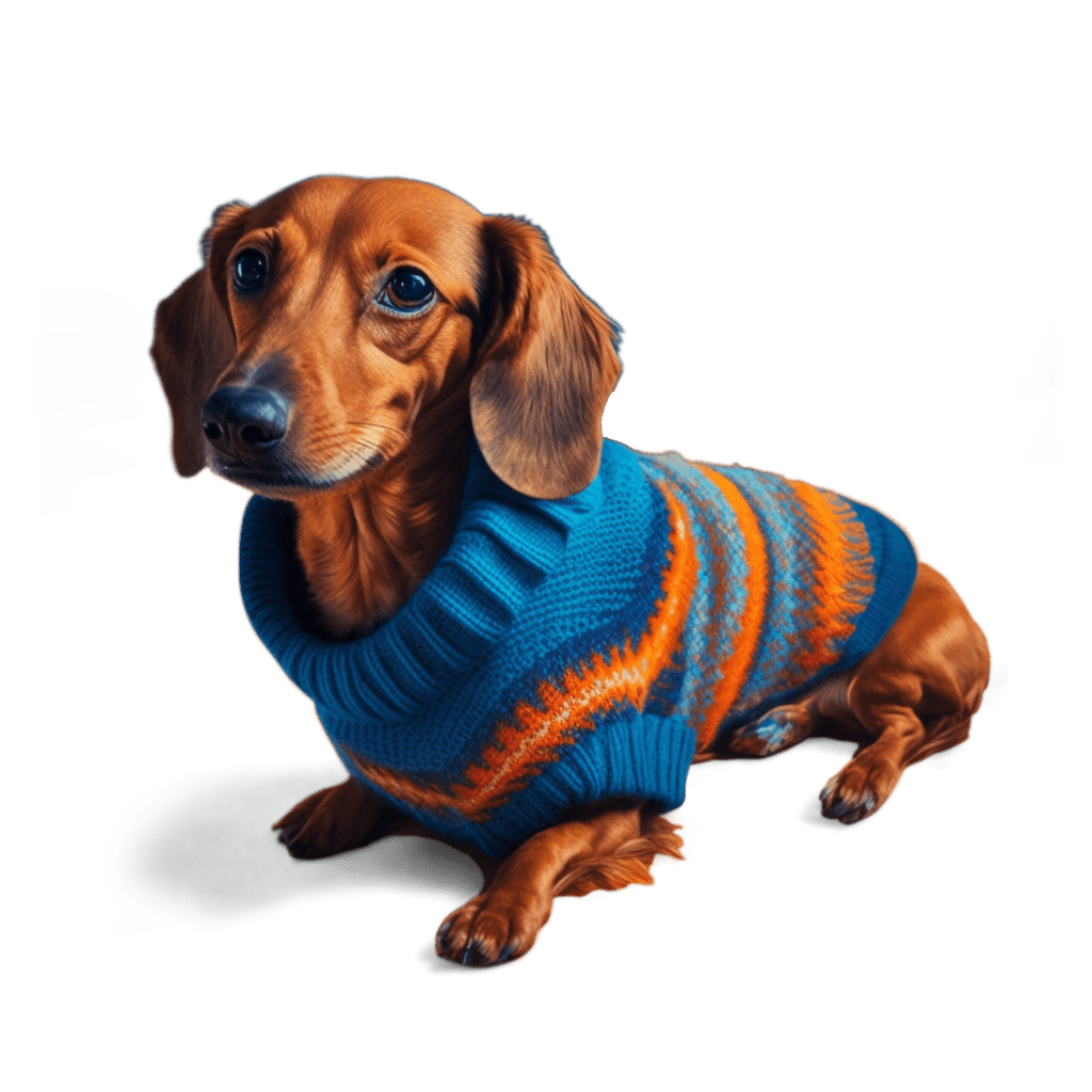 ein kleiner dackel trägt einen pullover