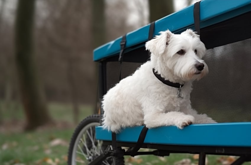 ein hund sitzt in einem fahrradanhänger für hunde